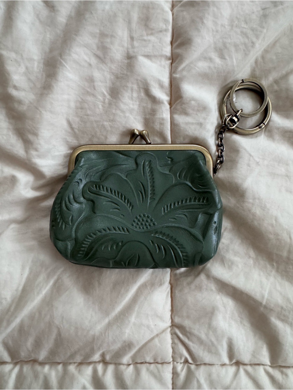 Patricia Nash Green Floral Embossed Leather Key Coin Purse